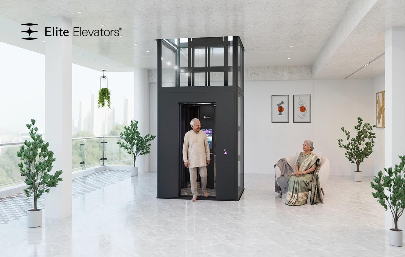 Elderly family using a home elevator safely in a Chennai residence